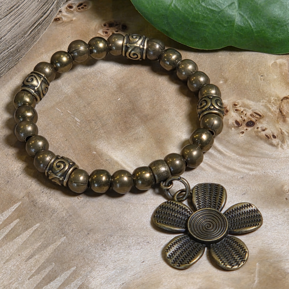 Antique Brass Beaded Bracelet with Floral Charm